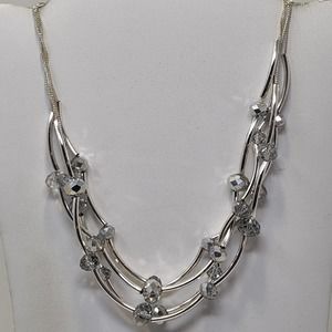 Kenneth Cole New York Silver Tone Multi Chain Necklace Tube Beads Rhinestones